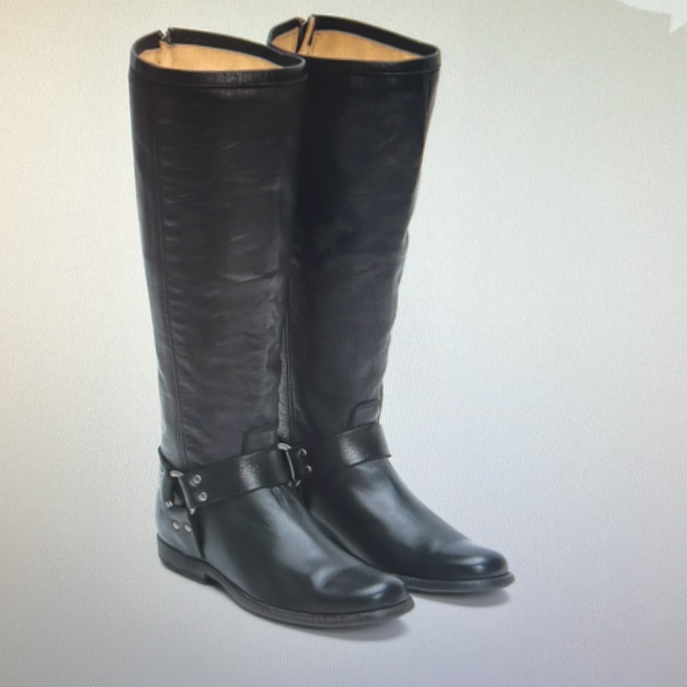 Frye Phillip Harness, rear zipper tall boot in black